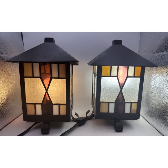 2 Stained Glass  4 Sided Table Lamp Lantern TESTED house lantern pagoda 9 inches - Picture 1 of 13